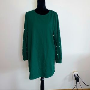 GREEN LONG SLEEVE WINTER HOLIDAY CHRISTMAS EVENING PEARL DRESS